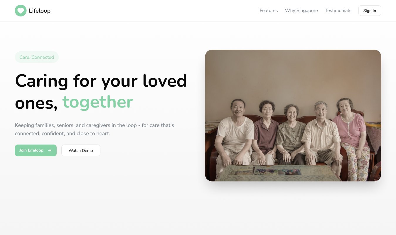 LifeLoop homepage - Care Connected platform landing page showing hero section with family photo and CTAs