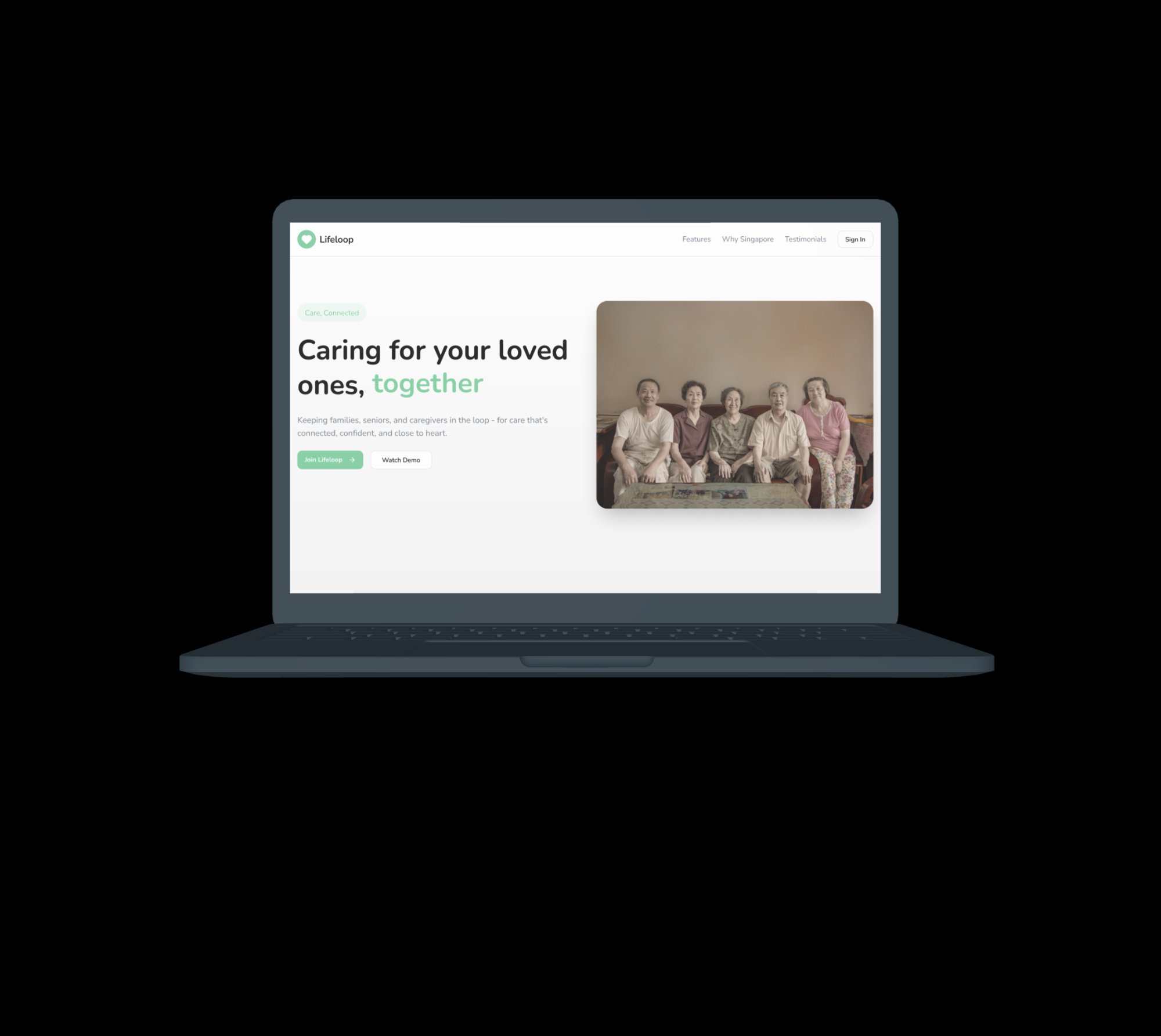 LifeLoop homepage shown on laptop device mockup - clean minimal landing page design