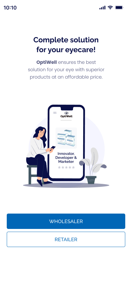 Optiwell welcome screen - role selection between wholesaler and retailer with clear CTA buttons