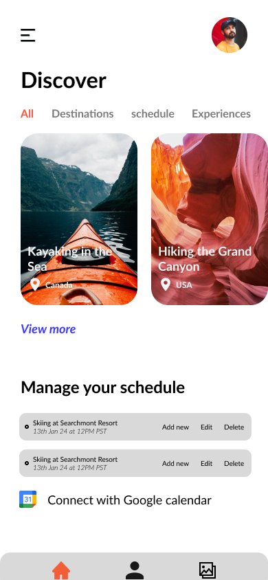 TravelMate home screen - Discover feed with destination cards and schedule management section