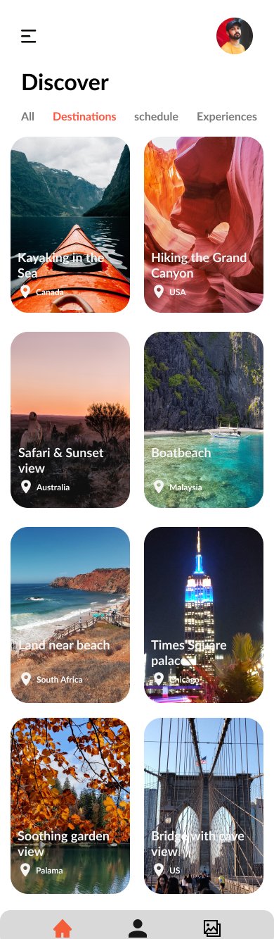 TravelMate destination screen - full-bleed photography grid showing international travel destinations with location pins