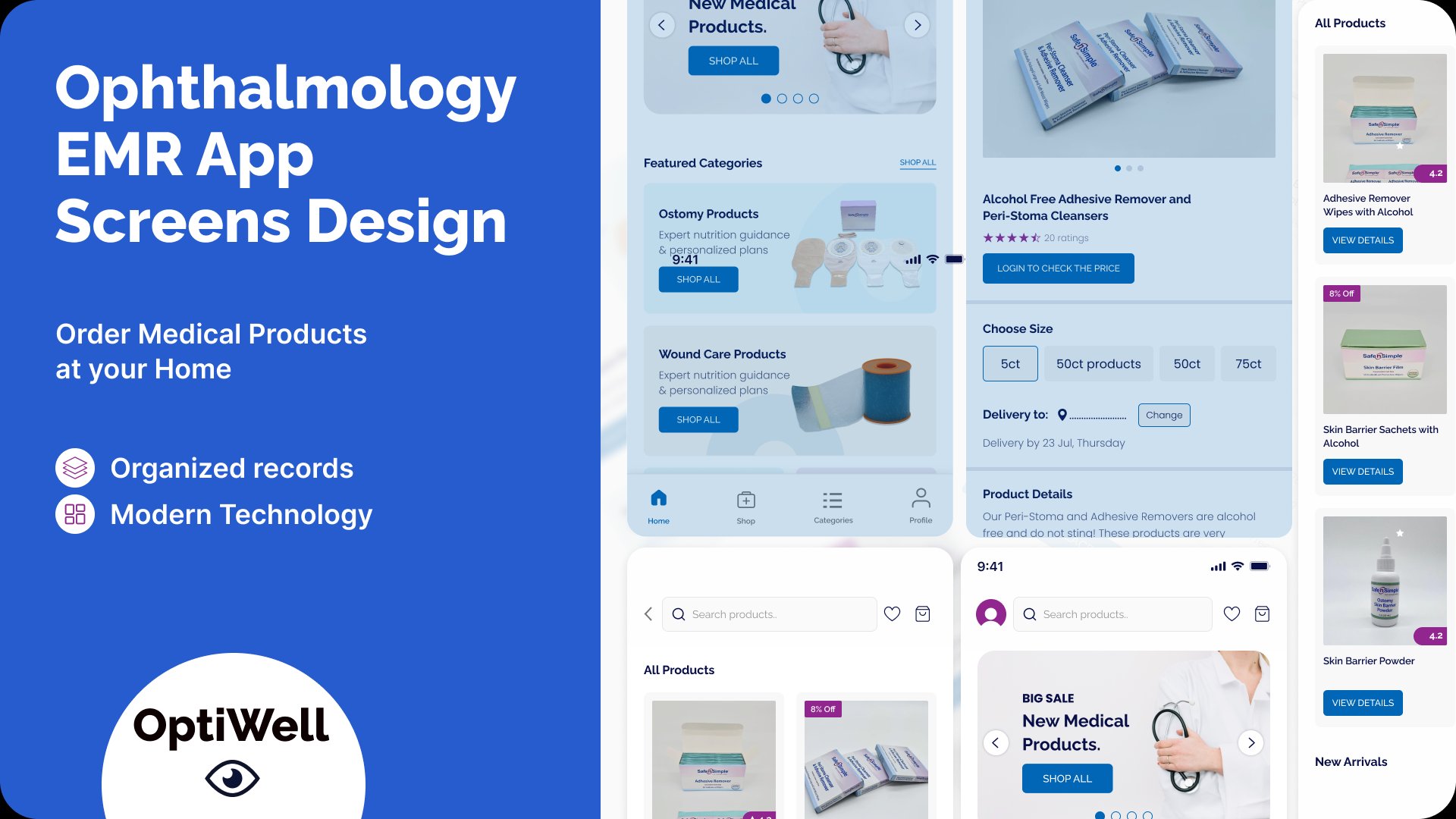 Optiwell ophthalmology EMR mobile app - product catalogue screens
