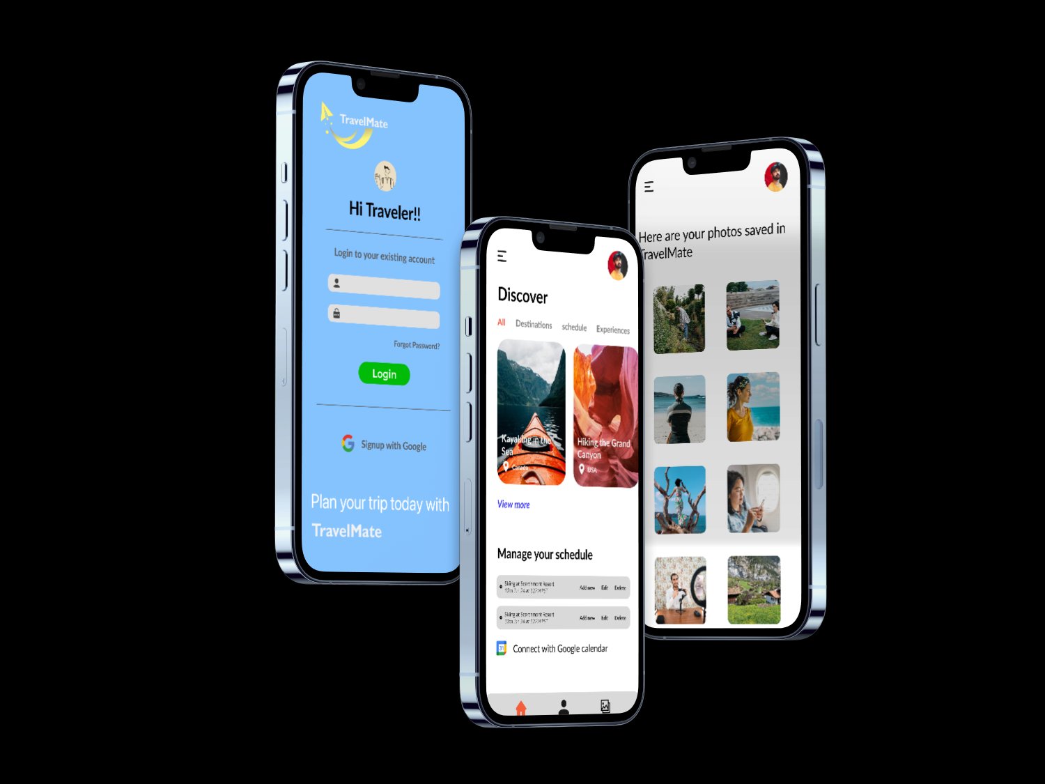 TravelMate mobile app - login, discover, and photo screens on iPhone mockups